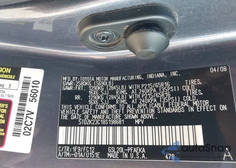 2008 Toyota Sienna Le z USA, uszkodzony, nr VIN 5TDZK23C18S198681